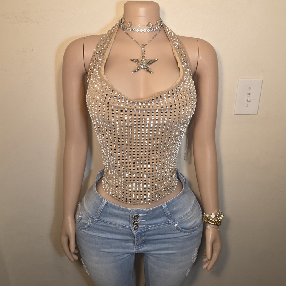 ☆Windsor Elegant Tan Halter Top with Silver Accents☆